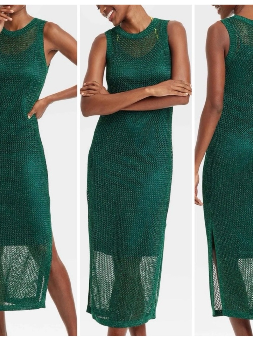 A New Day Women’s XS Openwork Midi Tank Dress Green Metallic Mesh Knit NWOT